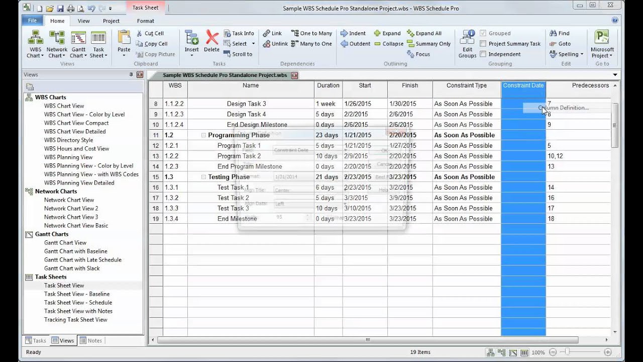 Wbs schedule pro task sheet template